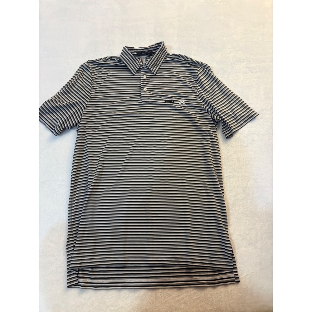 RLX Ralph Lauren Mens Striped Golf Polo Shirt Black Grey White Lg Short Sleeve